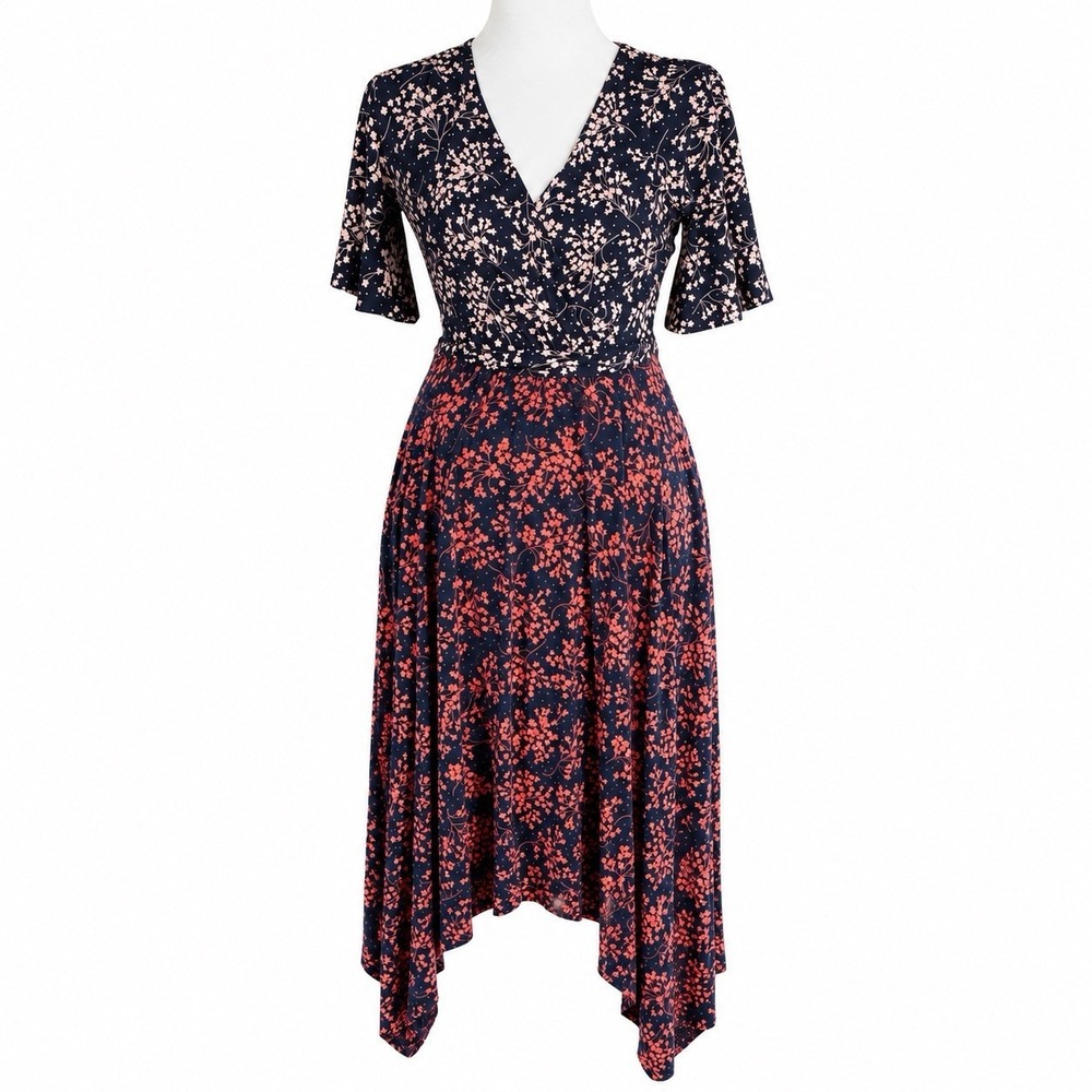 Boden Heather Hem Midi Dress Blue Red Short Sleeve Lined Size 8 Faux Wrap Floral